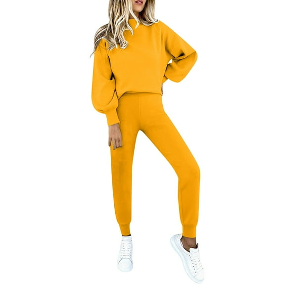 Prolriy Sweatsuits Women 2 Piece Outfit, Women Fashion Casual Solid Color Turtleneck Sweatshirt Sweatpants Tracksuit Lounge Sets for Women Yellow S