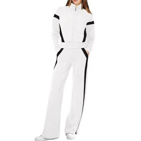 Prolriy Sweatsuits Women 2 Piece Outfit Women's Long Sleeved Zipper Stand Up Collar Sports Pants Set Sweatsuits for Women White XL
