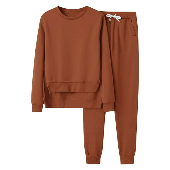Prolriy Sweatsuits Women 2 Piece Outfit Women's Solid Color Hoodless Sports Sweatshirt Set Two Top Pants Casaul Two Piece Sets for Women Brown M