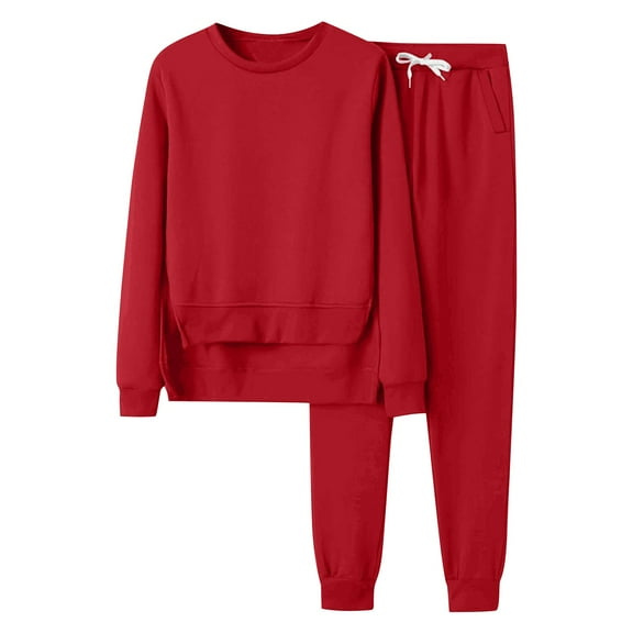 Prolriy Sweatsuits Women 2 Piece Outfit Women's Solid Color Hoodless Sports Sweatshirt Set Two Top Pants Casaul Two Piece Sets for Women Red M