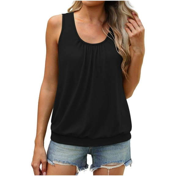 Prolriy Tank Tops for Women, Women's Summer Tank Tops Loose Fit Pleated Neck Shirts Casual Sleeveless Tops Bottom Womens Tops Summer Tops for Women Trendy Black L