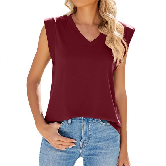 Prolriy Tank Tops for Women Cap Sleeve Summer Tank Top Basic Tee Shirts Casual Loose Fit 2025 Fashion Loose Solid Color Vest with Capped Sleeves Womens Tops Summer Tops for Women Trendy Wine S