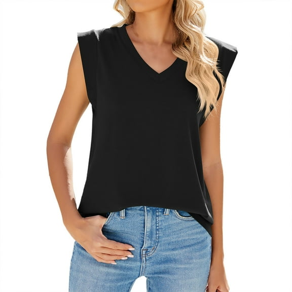 Prolriy Tank Tops for Women Cap Sleeve Summer Tank Top Basic Tee Shirts Casual Loose Fit 2025 Fashion Loose Solid Color Vest with Capped Sleeves Womens Tops Summer Tops for Women Trendy Black S