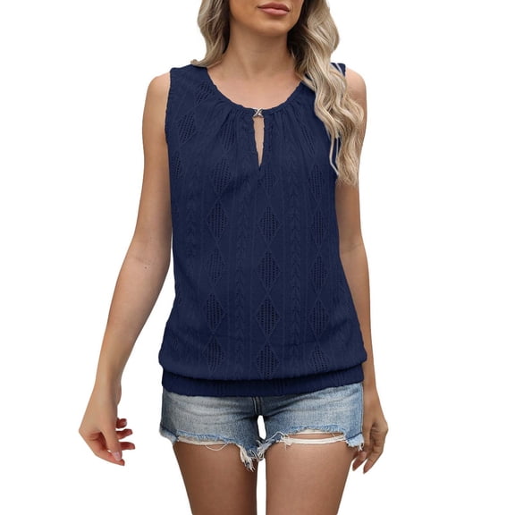 Prolriy Tank Tops for Women Personalized Buckle V Neck Solid Color Sleeveless Vest T Shirt Women's Top Womens Tops Summer Tops for Women Trendy Navy L