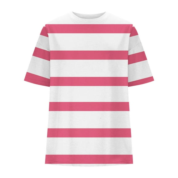Prolriy Tank Tops for Women Lady's Summer Short Sleeve Striped Loose Round Neck T Shirt Womens Tops Summer Tops for Women Trendy Pink M