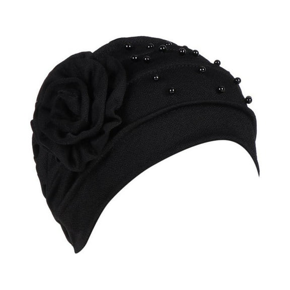 Prolriy Turbans for Women Women Beading Hat Muslim Ruffle Floral Turban Wrap Cap Head Wraps Hats for Women Black