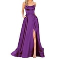 thumbnail image 1 of Prolriy Wedding Guest Dresses for Women 2024 Elegant Halter Backless Long Dresses Crisn Satin Spaghetti Party Prom Dresses Side Slit Evening Party Dress with Pockets Womens Dresses Purple M, 1 of 6