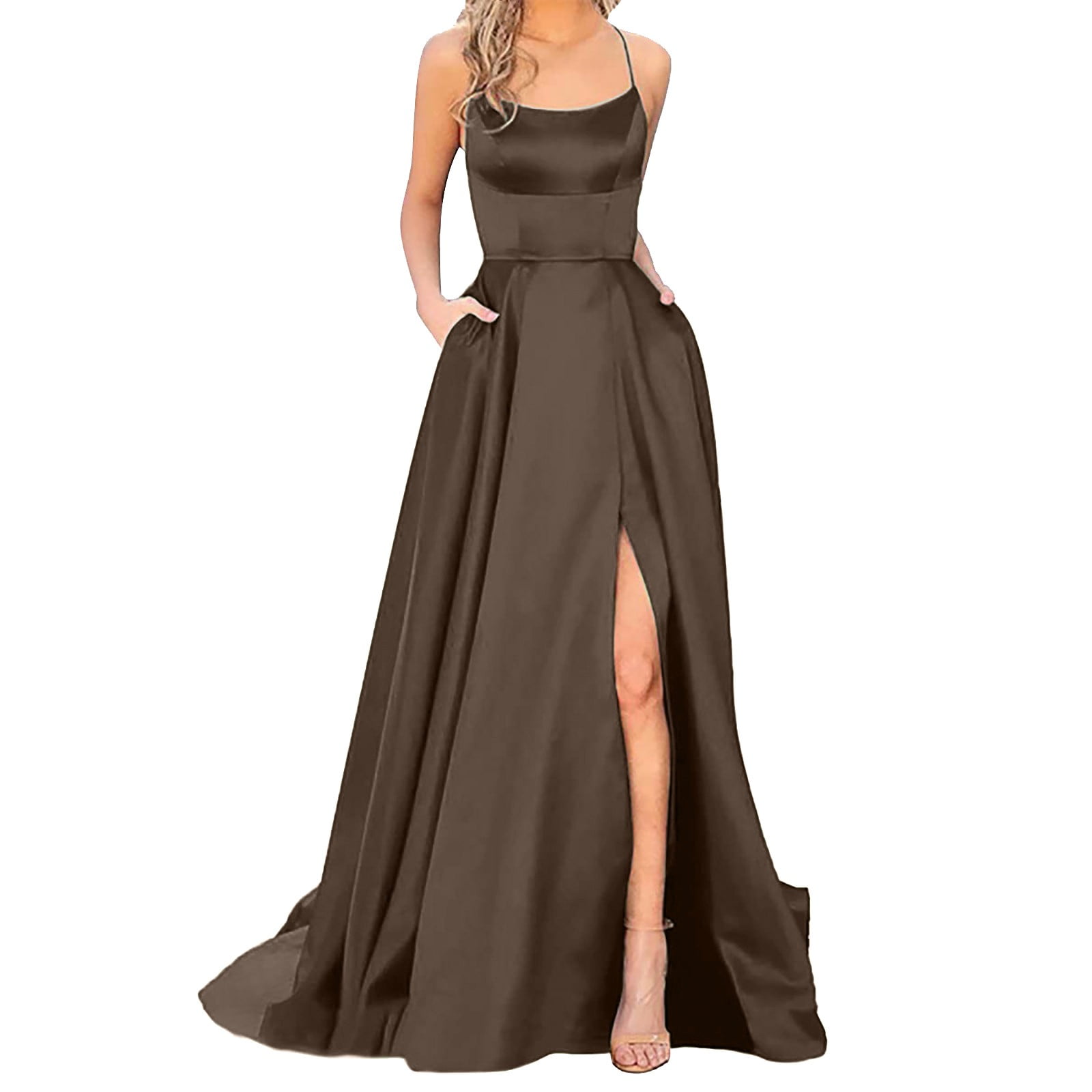 Prolriy Wedding Guest Dresses for Women 2024 Elegant Halter Backless Long  Dresses Crisn Satin Spaghetti Party Prom Dresses Side Slit Evening Party  Dress with Pockets Womens Dresses Brown M - Walmart.com