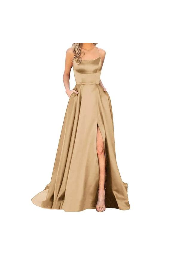 Wedding Guest Dresses for Women 2024 Women Elegant Backless Long Dresses Crisn Satin Spaghetti Party Prom Dresses Side Slit Evening Party Dress with Pockets Womens Dresses Khaki XL