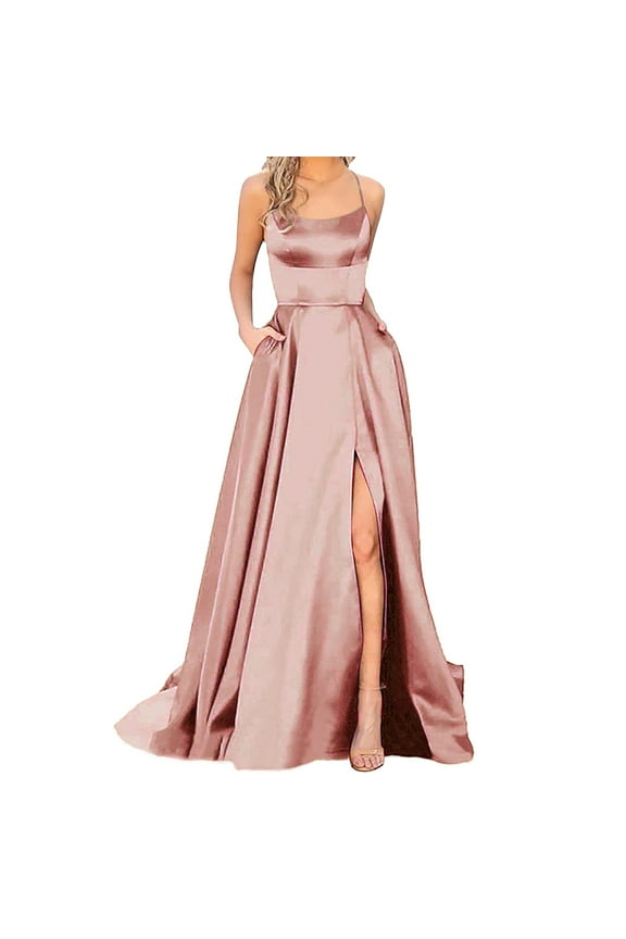 Wedding Guest Dresses for Women 2025 Women Elegant Backless Long Dresses Crisn Satin Spaghetti Party Prom Dresses Side Slit Evening Party Dress with Pockets Womens Dresses Rose Gold M