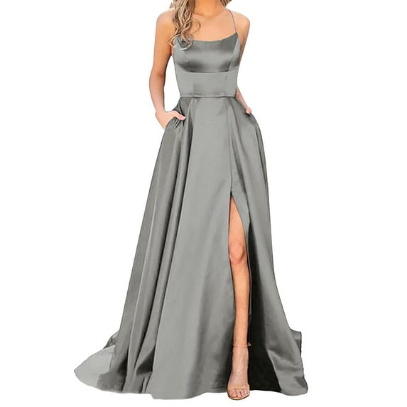 Prolriy Wedding Guest Dresses for Women 2024 Women Elegant Backless Long Dresses Crisn Satin Spaghetti Party Prom Dresses Side Slit Evening Party Dress with Pockets Womens Dresses Grey L