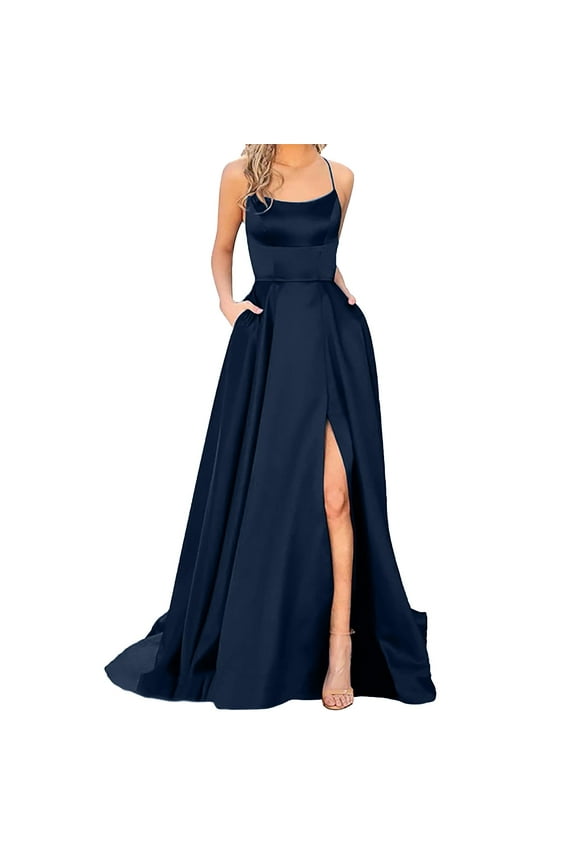 Wedding Guest Dresses for Women 2024 Women Elegant Backless Long Dresses Crisn Satin Spaghetti Party Prom Dresses Side Slit Evening Party Dress with Pockets Womens Dresses Navy S
