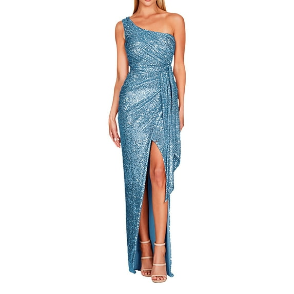 Prolriy Wedding Guest Dresses for Women Ladies One Shoulder Tie Waist Slit Pleated Sequin Gown Dress Maxi Dresses for Women 2024 Womens Dresses Blue1 S