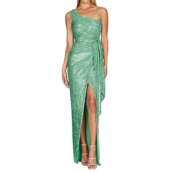 Prolriy Wedding Guest Dresses for Women Ladies One Shoulder Tie Waist Slit Pleated Sequin Gown Dress Maxi Dresses for Women 2024 Womens Dresses Green2 L