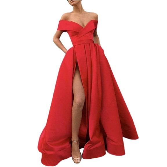 Prolriy Wedding Guest Dresses for Women Long Cocktail Dress Women's Elegant Backless Long Dresses Satin Party Evening Dress Side Slit Holiday Dress Party Dresses for Women 2024 Formal Dress Red XL