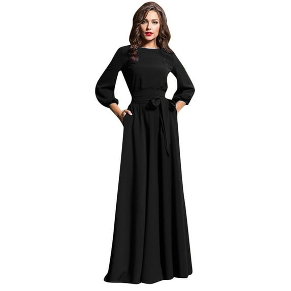 Prolriy Wedding Guest Dresses for Women Long Sleeve Summer Party Casual Solid Women Dresses with Belt Party Dresses for Women 2024 Formal Dress Black XXXL