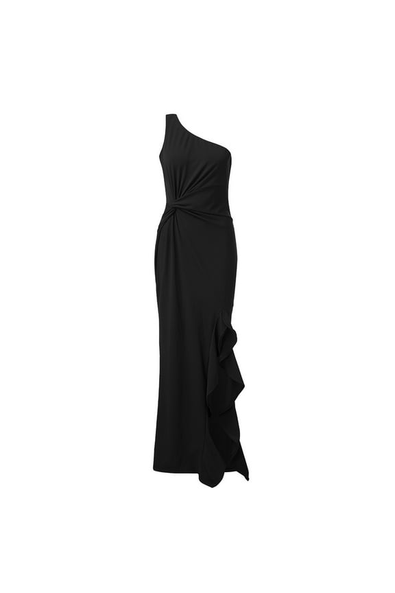 Wedding Guest Dresses for Women Maxi Formal Womens Dressslim One Ruched Shoulder Dresses Evening Ruffle Women's Dress Party Dresses for Women 2024 Formal Dress Black L