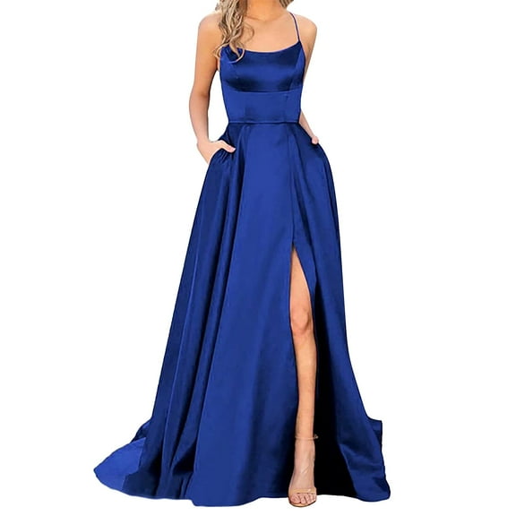 Prolriy Wedding Guest Dresses for Women Prom Dresses Women Elegant Backless Long Dresses Satin Dress Side Slit Wedding Dress with Pockets Evening Party Dresses for Women 2024 Formal Dress Navy XXXL