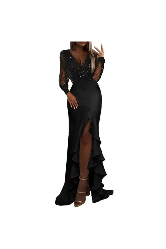 Wedding Guest Dresses for Women Package Hip Mid Waist Black Mesh Sequin Maxi Dresses Party Dresses for Women 2024 Formal Dress Black XL