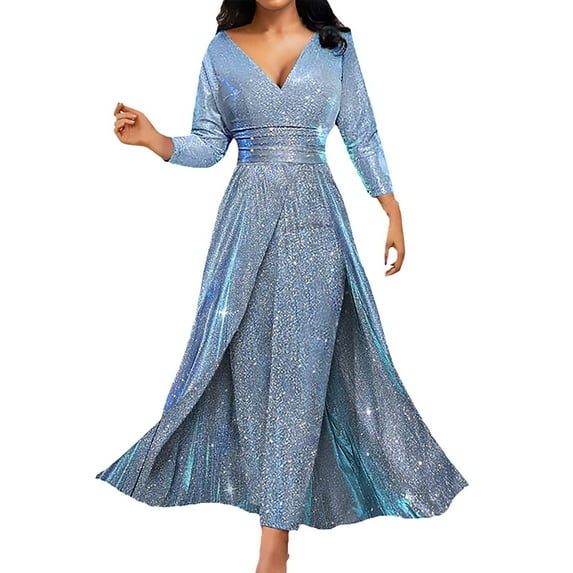 Prolriy Wedding Guest Dresses for Women, Women's Long Sleeved Sequined Large Skirt Tube Top Sexy Dress Formal Cocktail Dresses for Women Blue XL