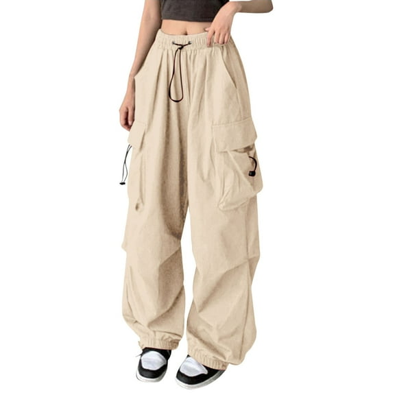 Prolriy Wide Leg Pants Woman, Cargo Baggy Trousers Hip Hop Y2K Streetwear Trousers Jogging Bottoms with Elastic Oversized Vintage 90S Track Pants Parachute Trousers Women's Pants Beige L