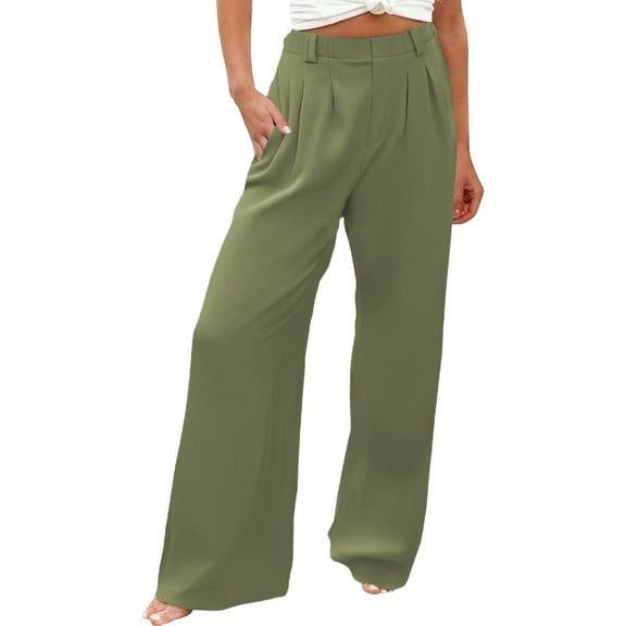 Prolriy Wide Leg Pants Woman, Women's Elegant Loose Palazzo Pants Summer Pants Comfortable Wide Business Pants Casual Loose Lightweight Stretchy Casual Pants with Pockets Women's Pants Green L