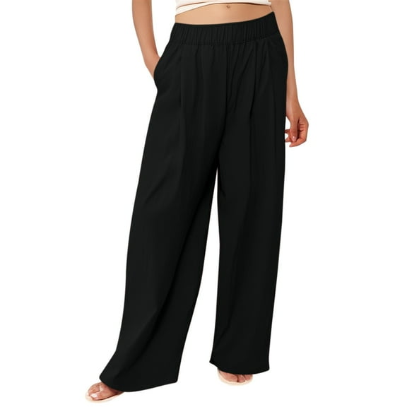 Prolriy Wide Leg Pants Woman, Women's Wide Leg Pants with Pockets Crinkle Comfy High Waist Pull on Casual Pants Women's Pants Black XXL