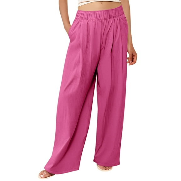 Prolriy Wide Leg Pants Woman, Women's Wide Leg Pants with Pockets Crinkle Comfy High Waist Pull on Casual Pants Women's Pants Hot Pink S