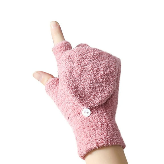 Prolriy Winter Gloves with Coral Couple's Flipped Cold-Proof Half-Finger Gloves Winter Gloves Pink