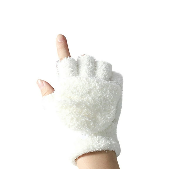 Prolriy Winter Gloves with Coral Couple's Flipped Cold-Proof Half-Finger Gloves Winter Gloves White