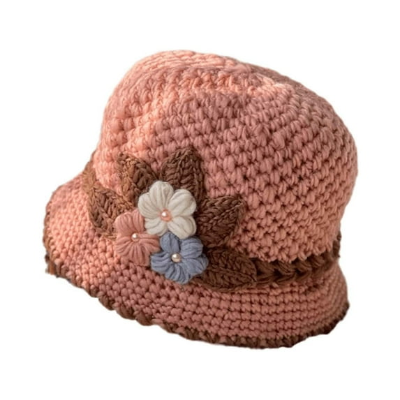 Prolriy Winter Hats for Women French Thicken Women's Flowers Knitted Woolen Hat Warm and Windproof Knitted Crochet Flower Knitting Hat Womens Hats Pink