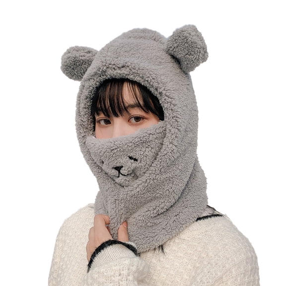 Prolriy Winter Hats for Women, Women Winter Warm Windproof Hat Ski Riding Shield Fleece Warmer Cute Cartoon Bear Ear Neck Cover Hat with Face Guard for Women Girl Womens Hats Grey One Size