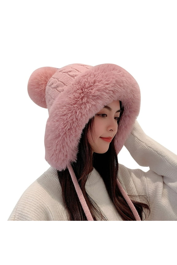 Winter Hats for Women Ladies Winter Knitted Wool Cap Three Pullover Cap Fleece Warm Ear Hat Womens Hats Pink