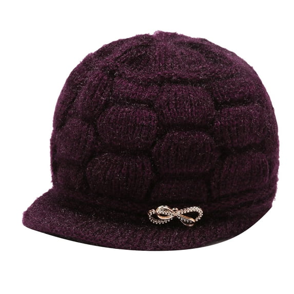 Prolriy Winter Hats for Women, Women Winter Warm Knit Hat Wool Ski Caps with Visor Crochet Hat Purple