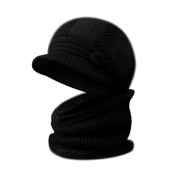 Prolriy Winter Hats for Women, Women's Knitted Warm Basin Hat Padded Cotton Hat Plush Hat   Scarf Two Set Womens Hats Black