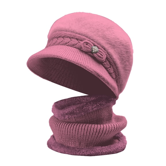 Prolriy Winter Hats for Women, Women's Knitted Warm Basin Hat Padded Cotton Hat Plush Hat   Scarf Two Set Womens Hats Pink