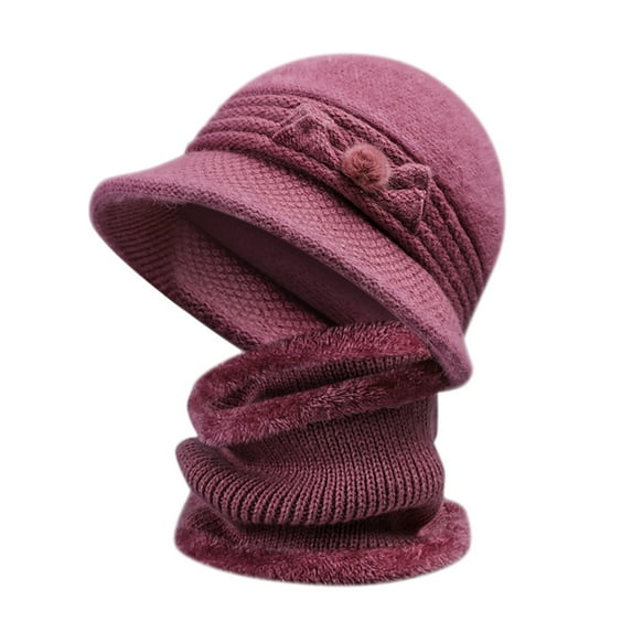 Prolriy Winter Hats for Women, Women's Knitted Warm Basin Hat Padded Cotton Hat Plush Hat + Scarf Two Set Womens Hats Pink