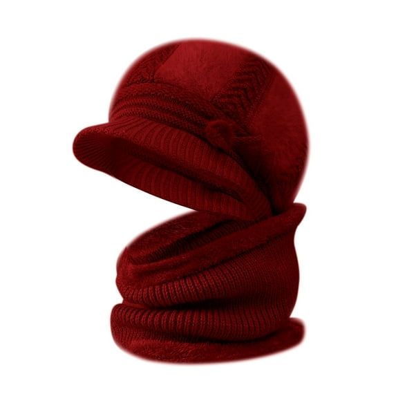 Prolriy Winter Hats for Women, Women's Knitted Warm Basin Hat Padded Cotton Hat Plush Hat + Scarf Two Set Womens Hats Red