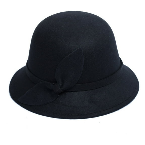 Prolriy Winter Hats for Women with Bowknot Faux Cap Bowler Women Bucket Wool Hats Fashion Baseball Caps Bucket Hat Cloche Hat Black