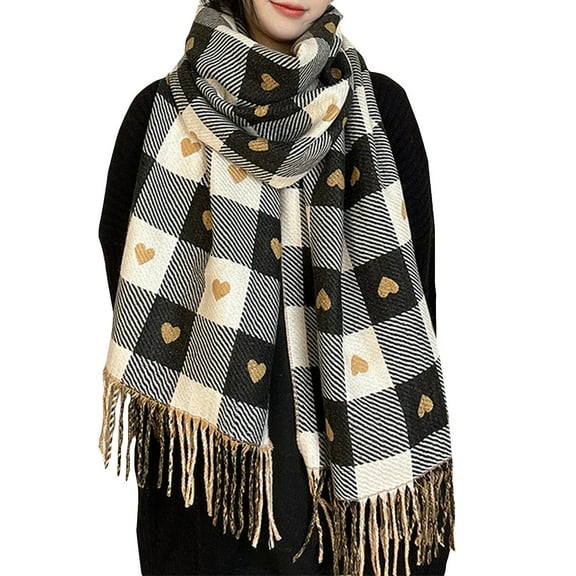Prolriy Winter Scarf for Women Unisex Reversible Love Plaid Tassel Scarf Warm Shawl Thickened Scarf Womens Scarf Black