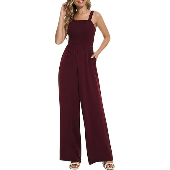 Prolriy Women's Jumpsuits, Women's Petite Regular Tall Casual Loose Overalls Jumpsuits Sleeveless Wide Leg Pants Rompers Spring Outfits for Women 2025 Red L
