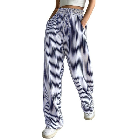 Prolriy Women's Pants Lounge Pants Women, Women's Casual Striped Wide Leg Pants Drawstring Elastic Waist Dress Palazzo Pants with Pockets Pants for Women Blue L