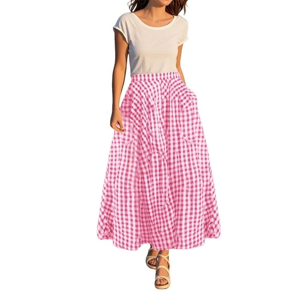 Prolriy Women's Skirts, Women's Summer Elastic High Waist Plaid Ruffled Maxi Skirt Swing Flowy A Line Skirt Maxi Skirts for Women Red2 XL