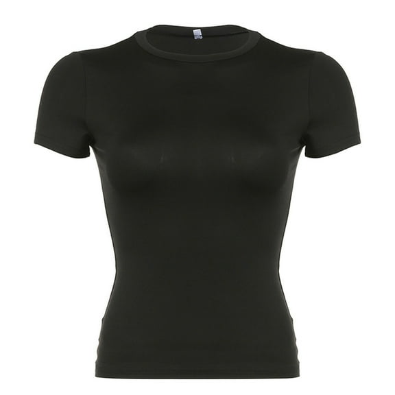 Prolriy Women's T-Shirts, Lady's Summer Short Sleeved Solid Color Fashionable Simple Basic Round Neck T Shirt Tops for Women Trendy Black L