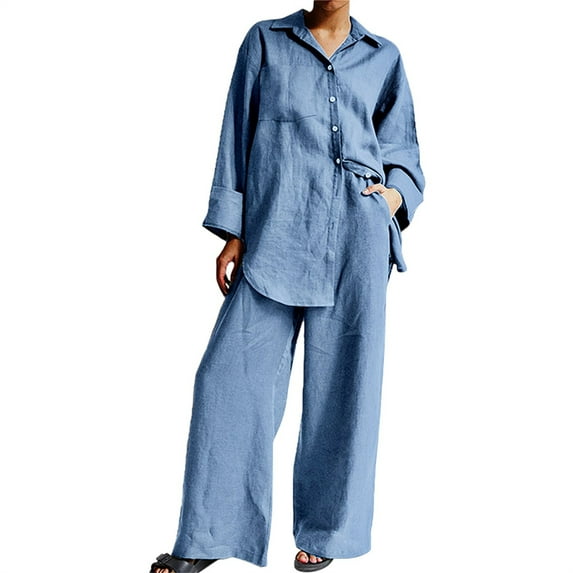Prolriy Womens 2 Piece Outfits 2 Piece Cotton Linen Outfits for Women Summer Dressy Business Work Suits Streetwear Button Down Tops and Pants Suit Womens Tops and Pants Outfits Blue XL