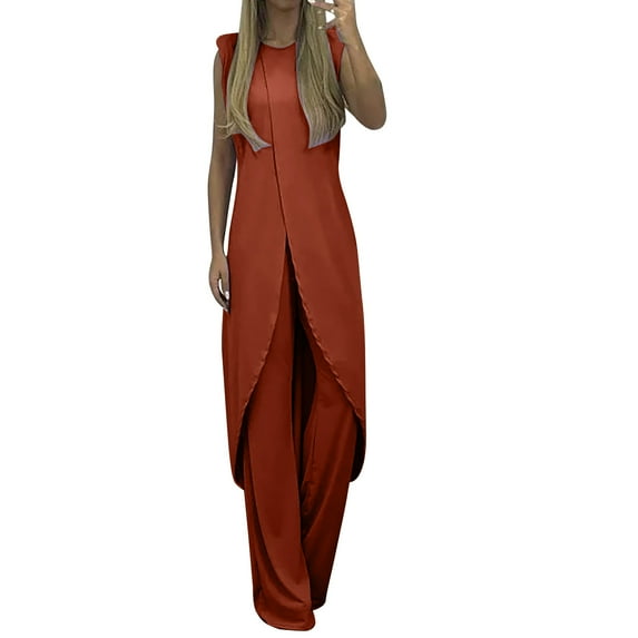 Prolriy Womens 2 Piece Outfits 7 Colors Mature Women Suit Suit for Women Summer Slit Sleeveless Loose Blouse and Wide Leg Pants Set Womens Tops and Pants Outfits Red XXL