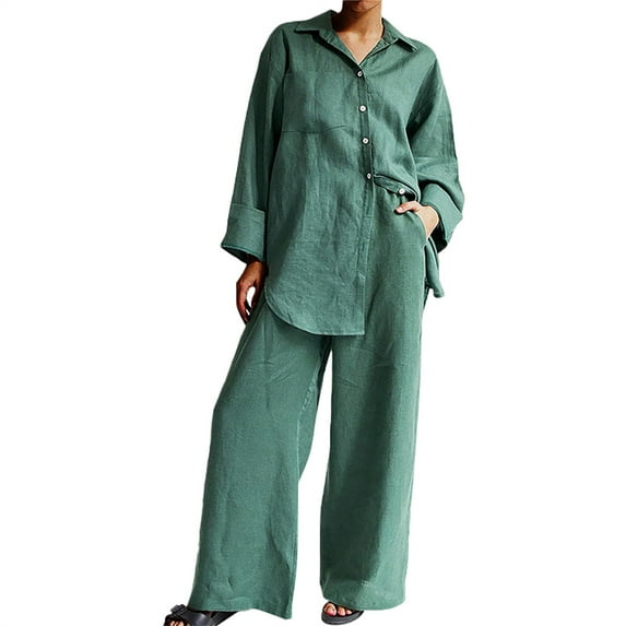Prolriy Womens 2 Piece Outfits 2 Piece Cotton Linen Outfits for Women Summer Dressy Business Work Suits Streetwear Button Down Tops and Pants Suit Womens Tops and Pants Outfits Green M