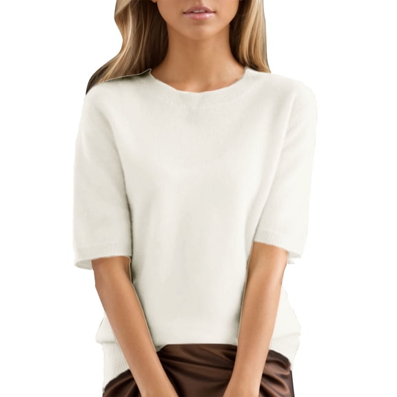 Prolriy Womens Basic Tops, Women's Short Knit Top with Round Neck and Loose Fit Shirts for Women White L