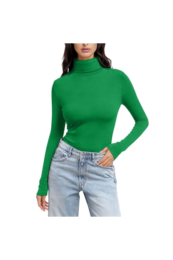 Womens Basic Tops Women's Turtleneck T-Shirt, Solid Color Long Sleeve Shirts for Women Green L