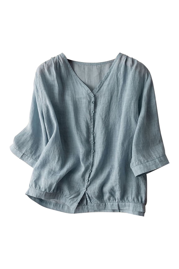 Womens Blouses Women's 2026 Trendy Baggy T-Shirt, V-Neck Button down Cotton Linen Shirts for Women Blue XXL